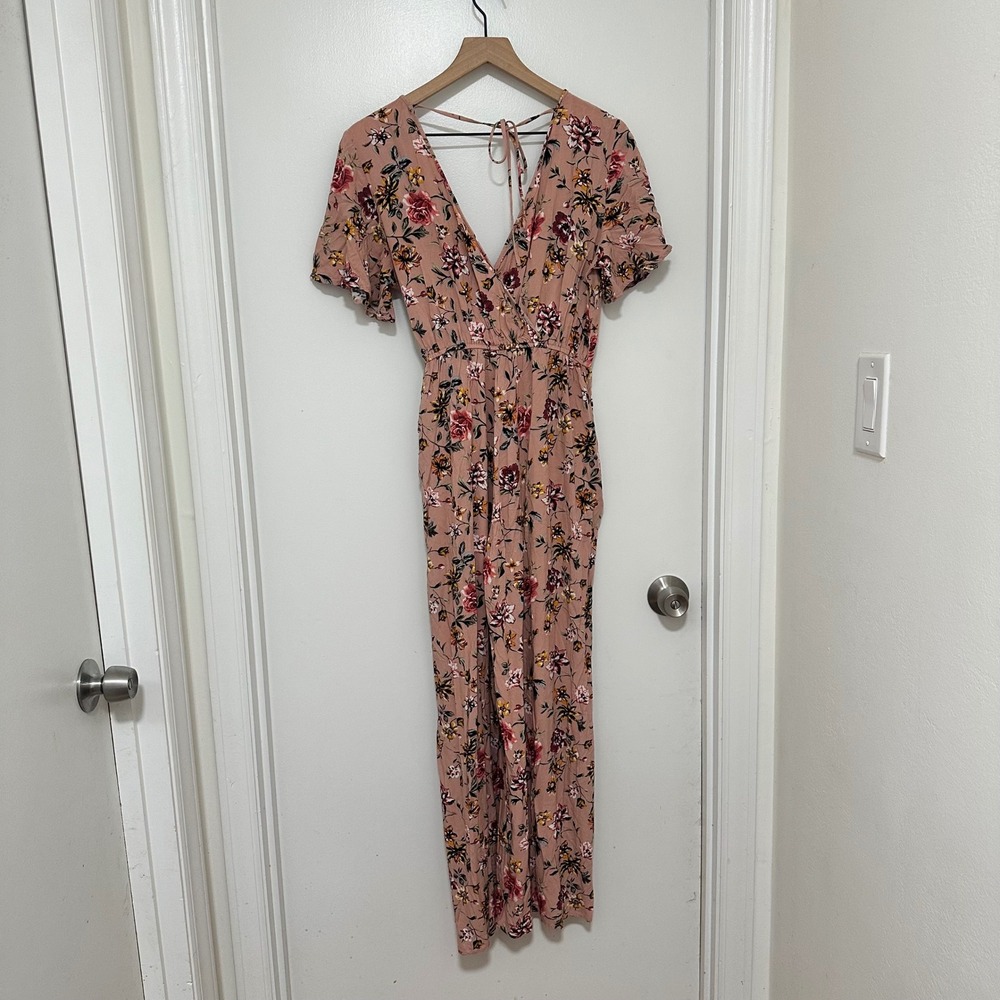 Band of Gypsies | Woman's Floral Pink Wide Leg Flutter Sleeve Wrap Jumpsuit, L - Picture 2 of 7